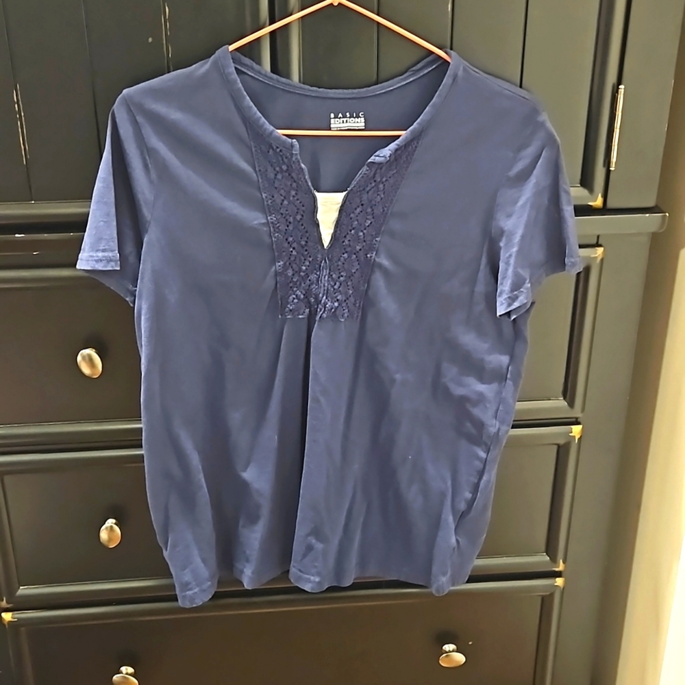 Basic Editions Dark Navy Tee with Detail Neckline